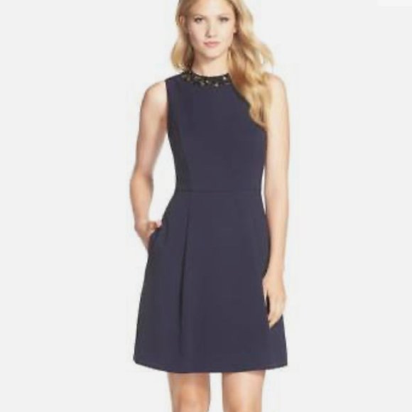 Eliza J Embellished Double Crepe Fit & Flare Navy Dress - Picture 1 of 6